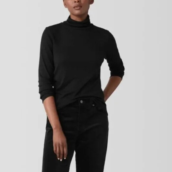 Eileen Fisher Black Turtleneck Top Size Small Capsule Wardrobe Minimalist Style - Picture 2 of 7